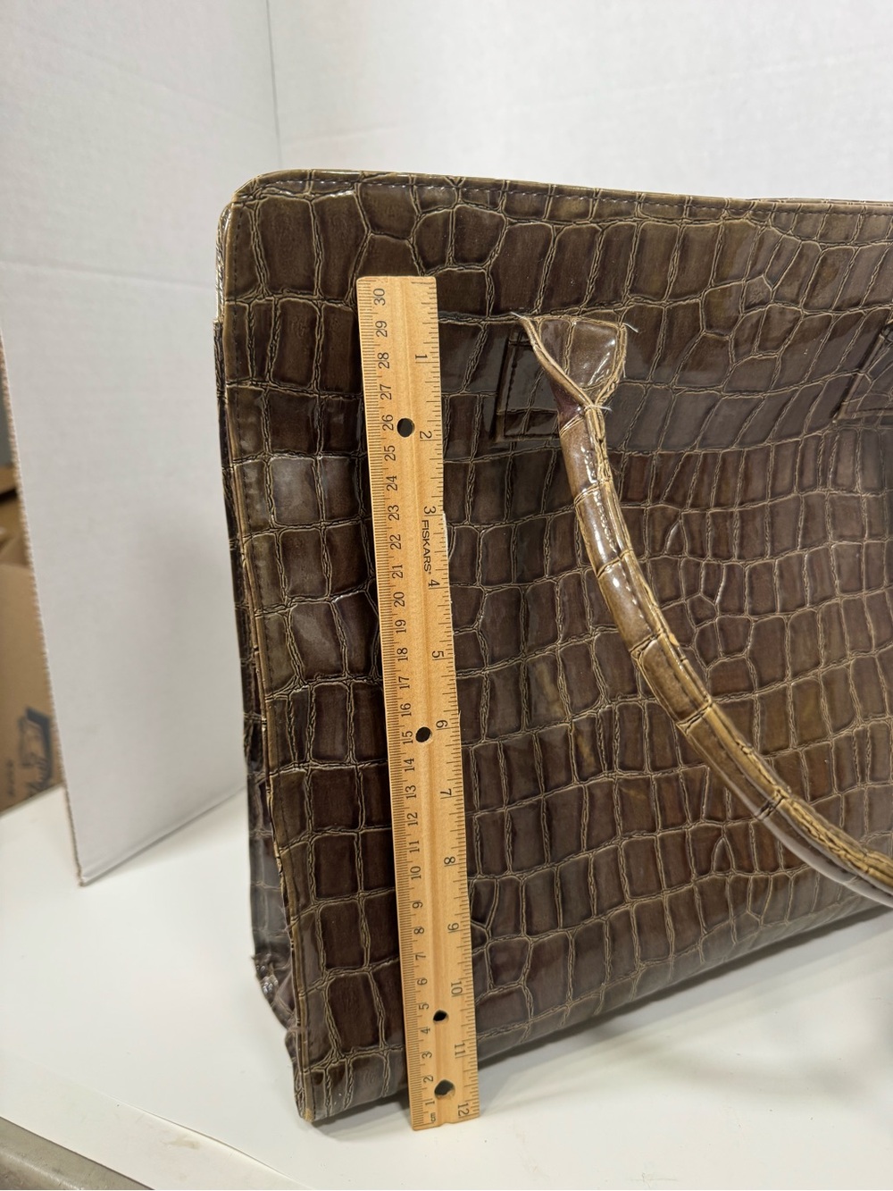 Murval Croc-Embossed Brown Patent Top-Handle Tote Laptop Bag - Picture 13 of 13